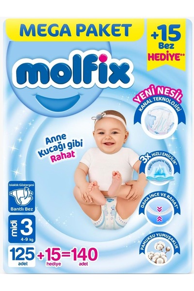 Molfix Baby Diaper Size: 3 (4-9kg) Midi 140 Pieces Pk Mega Pk