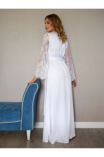 Juwana Ladonna Textile Long Bridal Dress with Lace, White Wedding Kimono, Lace Sleeves