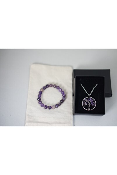 Efulim Hediyelik Amethyst Natural Stone Set, Handmade Bracelet and Tree of Life Pendant, Gift Boxed, Spiritual Jewelry