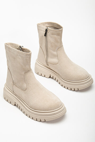 AYAKKABI MEET Γυναικείες κοντές μπότες καθημερινής χρήσης με χοντρή σόλα σε μπεζ σουέντ 12365214