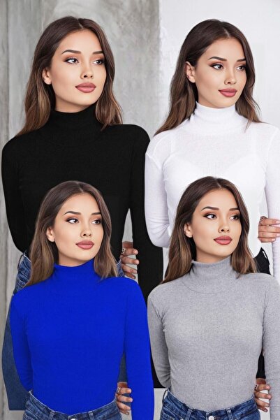 formenza Дамски 4-компонентен памучен пуловер с рибена яка и ребра, черно-бял...