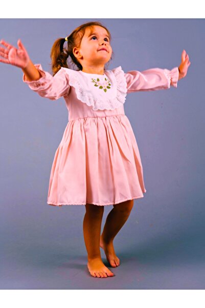 minikiti Ροζ λευκό χτενισμένο κέντημα μακρυμάνικο vintage κορίτσι φόρεμα Eid γενεθλίων ειδικής περίστασης