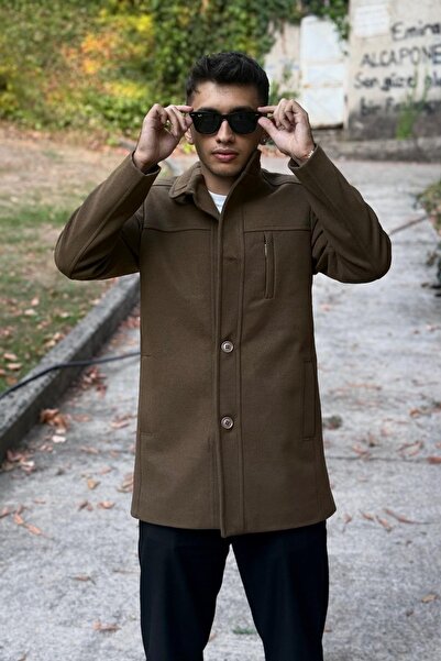 Jaglion Men's Relaxed Fit Windproof Buttoned Long Cashmere Coat