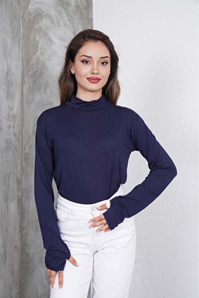 formenza Women's Navy Blue 100% Viscose Long Sleeve Bodysuit with Finger Detail