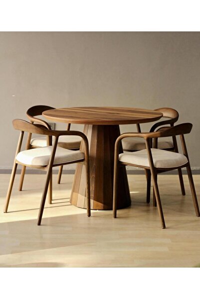 Helmod Mobilya Helmod Yuvarlak Ahşap Masa Takımı Bohem 4 Kişilik Mutfak Masa Sandalye Yılan Sandalye İskandinav