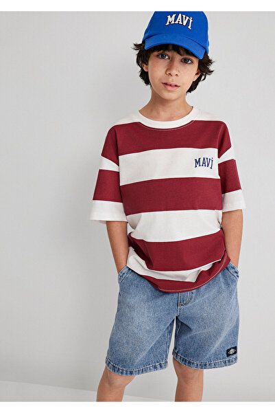 Mavi Tricou cu dungi roșii imprimat cu logo Loose Fit / Loose Relaxed Fit 6610183 -88061