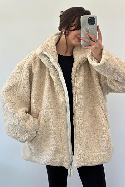 NET OF NOT Bej Dik Yaka Astarlı Oversize Peluş Mont