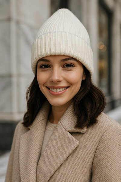 Luminos Butik Women's Ecru Beret with Bright Stripe Detail - Stylish and Comfortable, Ideal Headdress for Cold Weather1139