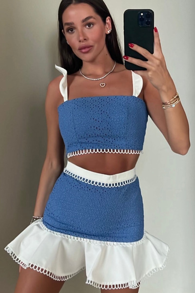 Roselenda Estella Kadın Mavi Mini Etek Crop Top Alt Üst Takım