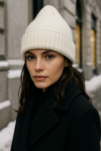 Luminos Butik Women's Ecru Beret with Bright Stripe Detail - Stylish and Comfortable, Ideal Headdress for Cold Weather1139