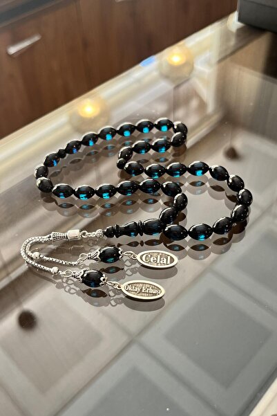 dergah tesbih Kişiye Özel İsimli Mavi Sürmeli Ateş-i Kehribar Tesbih