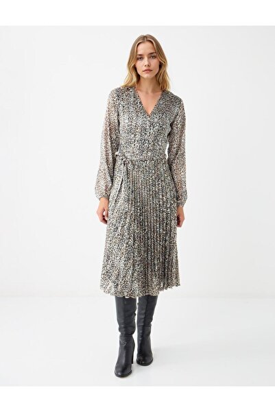 Jimmy Key Ecru Double-Breasted Collar Leopard Patterned Chiffon Midi Dress
