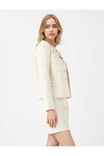 Jimmy Key Ekru Normal Bel Ekose Desenli Dokuma Mini Etek
