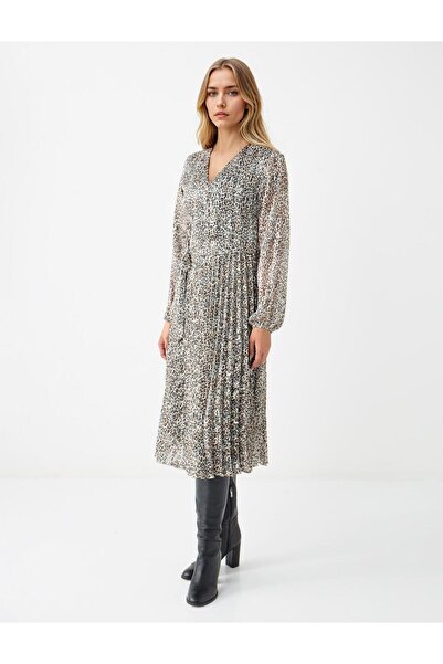 Jimmy Key Ecru Double-Breasted Collar Leopard Patterned Chiffon Midi Dress
