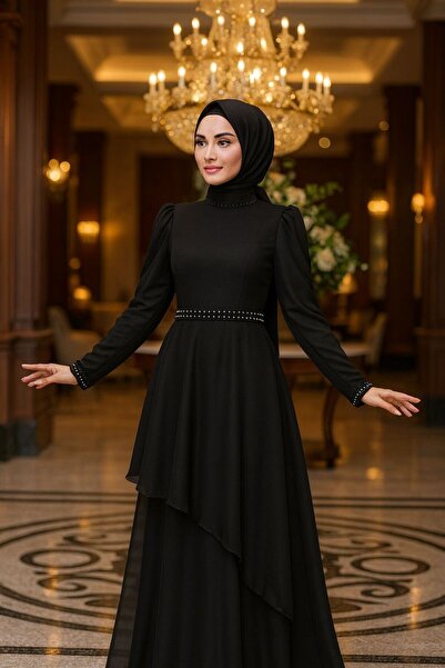 Neva Style İnci Detaylı Siyah Tesettür Abiye Elbise 22223s