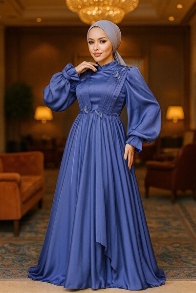 Neva Style Balloon Sleeve Indigo Blue Hijab Evening Dress 21910ım