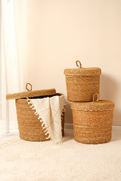 AVANTAGE HOME Arleen - 3-Piece Decorative Hand Knitted Wicker Basket Set with Lid, Organizer, Organizer, Storage Box
