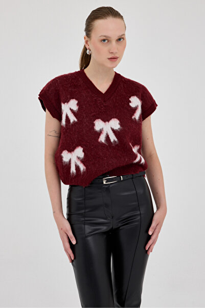 Rays Pulover de damă cu decolteu în V și model cu fundă, culoare burgundă 2411