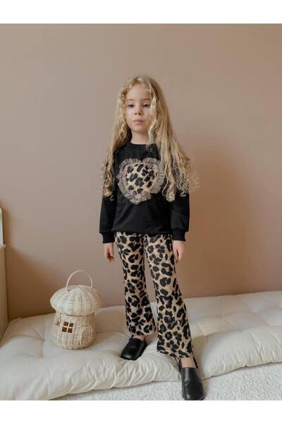 RAPAPA Colanți leopard, picior spaniol, set de sus și jos pentru fete NEGRU 2556