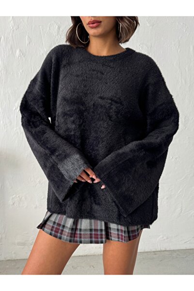 BEJNA Pulover de damă negru cu gât rotund, oversize, din tricot moale