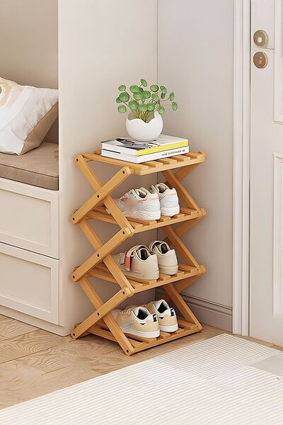 İronika Bambu 4 Katlı Ayakkabılık Çok Amaçlı Banyo Rafı Oyuncak Rafı Akordiyon Raf
