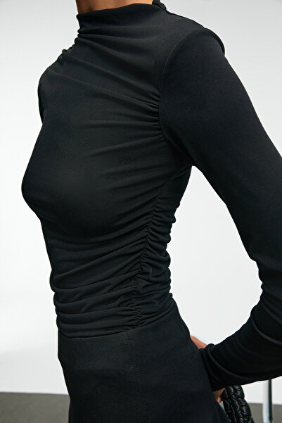 GRIMELANGE Solema Women's Slim Black Blouse with Crew Neck and Drawstring Detail