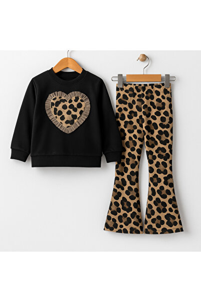 RAPAPA Colanți leopard, picior spaniol, set de sus și jos pentru fete NEGRU 2556