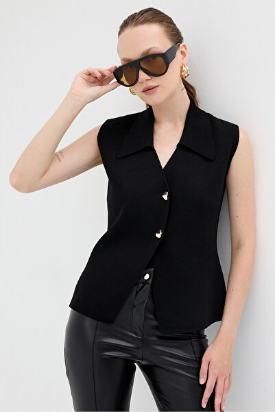 Rays Black Collar Detailed Buttoned Knitwear Women's Vest 7355