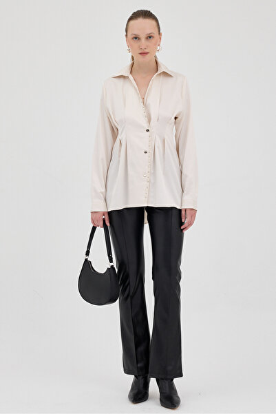 Rays 8149A İnci Detay Bel Piliseli Gömlek Bej