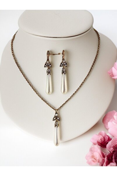 FAYRA ACCESSORIES Zircon Stone Long Water Drop Pearl Necklace and Earring Set