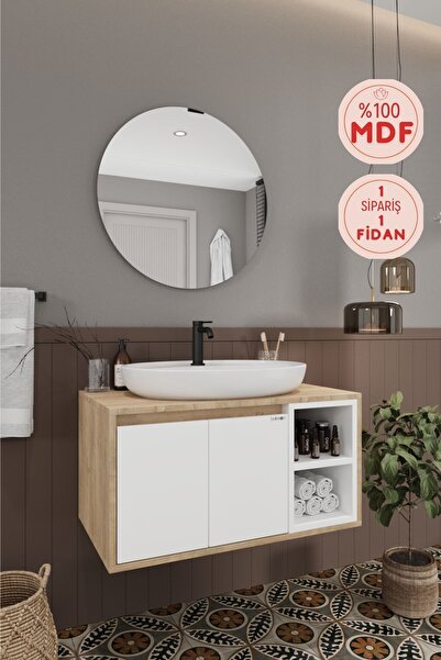 BALNEOM Gül Beyaz 80 Cm %100 Mdf Lavabolu Banyo Dolabı Ayna Lavabo
