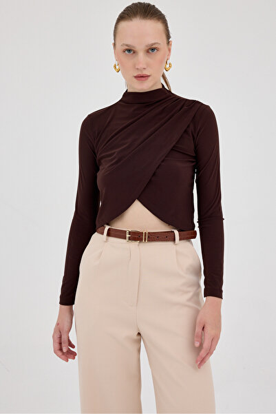 Rays Acı Kahve Drapeli Yüksek Yaka Uzun Kollu Bluz 2379