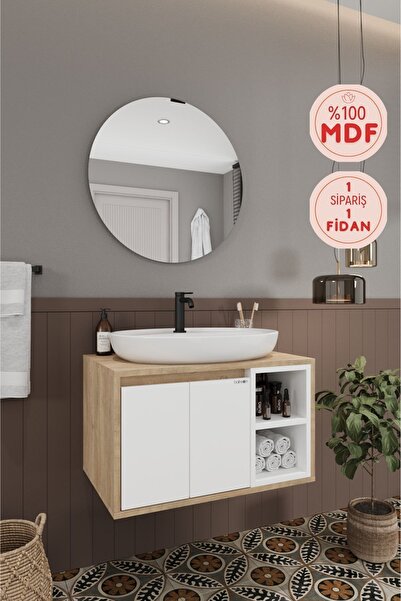 BALNEOM Gül Beyaz 70 Cm %100 Mdf Lavabolu Banyo Dolabı Ayna Lavabo