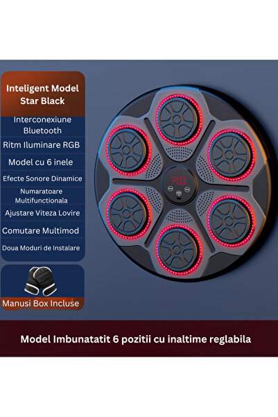 OmniDC Țintă inteligentă de box cu 6 zone LED RGB, Afisaj Digital, Manusi Incluse