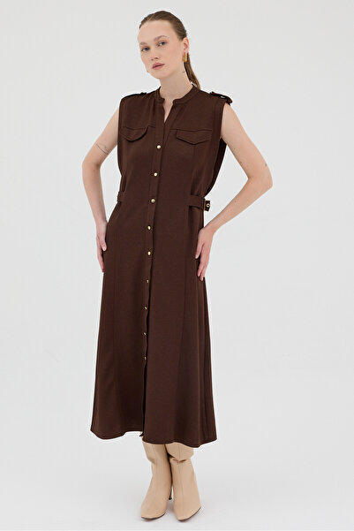 Rays Καφέ χρυσό φόρεμα μίντι με λεπτομέρεια με κουμπιά 8125A