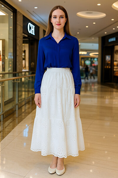 erkurtgiyim Fisto Ekru Renk Pamuklu Etek