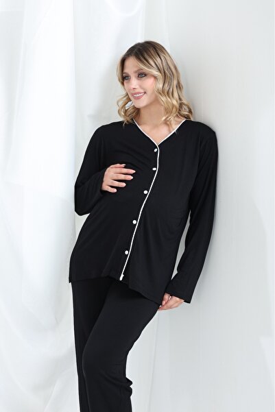 şuranur Bamboo Maternity and Maternity Dressing Gown Nightgown Ribbed Suit Long Sleeve Buttoned