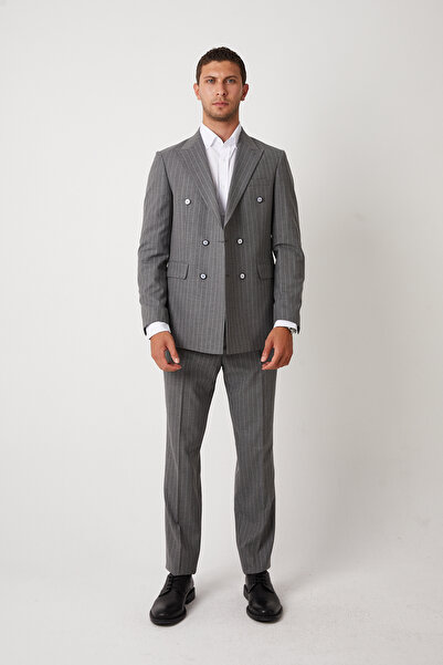 wodelli Erkek Gri Çizgili Kruvaze Takım Elbise – Regular Pamuklu Kumaş