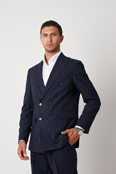 wodelli Men's Navy Blue Striped Double Breasted Suit – Regular Cotton Fabric