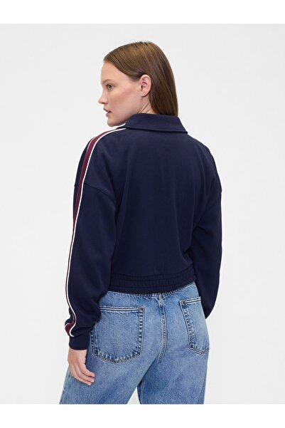 GAP Kadın Lacivert Fransız Havlu Kumaş Varsity Track Fermuarlı Sweatshirt