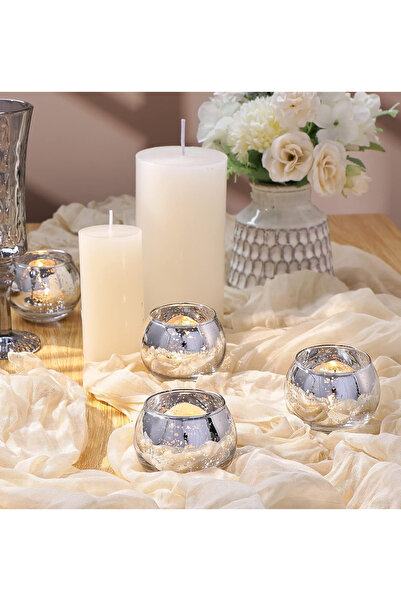 MUM Zarif Gümüş Mini Tealight Luk - Dot Desenli Gümüş Tonlu Dekorasyon 2’li