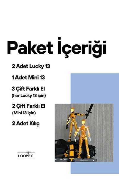 Loopify Lucky 13 Mini 13 Aksiyon Figürü Robot Oyuncak Kılıçlı Altın Set