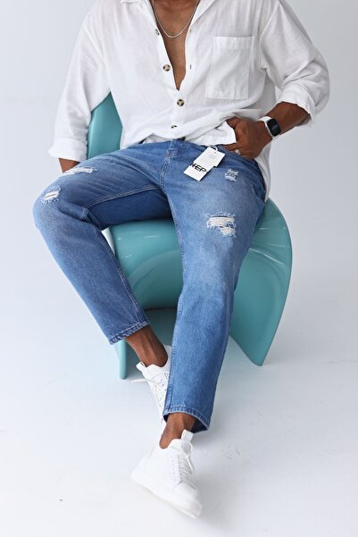 MADZEYMODA Boyfriend Ανδρικό σκισμένο λεπτομερές μπλε τζιν παντελόνι