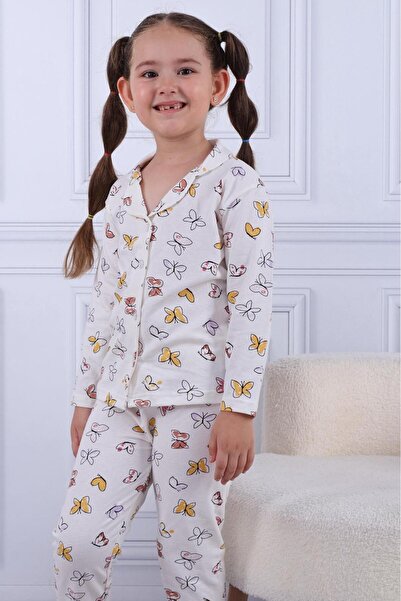 TUGSE Front Buttoned Butterfly Patterned Children's Top and Bottom Set 100% Cotton