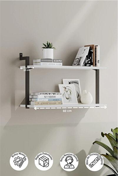 Euromob 2 Raflı Beyaz Rengi Kitaplık | Siyah Profil | Dekoratif Duvar Rafı | ...