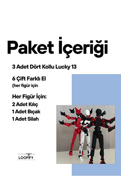 Loopify Lucky 13 Aksiyon Figürü Robot Oyuncak 13cm Dört Kollu 3'lü Set