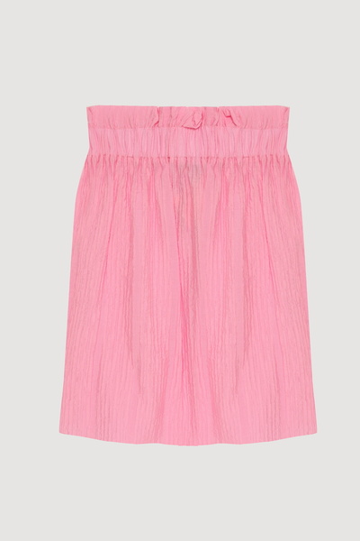 Quzu Seersucker Fabric Ruffled Strapless Blouse Pink