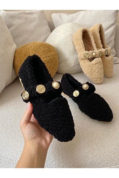 Büşra Sultan Ayakkabı & Çanta Kadın Siyah Teddy Peluş Tokalı Balerin Babet