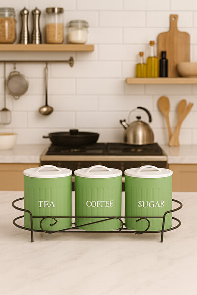hemlife 3'lü Çay Kahve Şeker Kavanoz Seti Standlı Metal Kavanoz Saklama Kabı Şekerlik Seti Yeşil