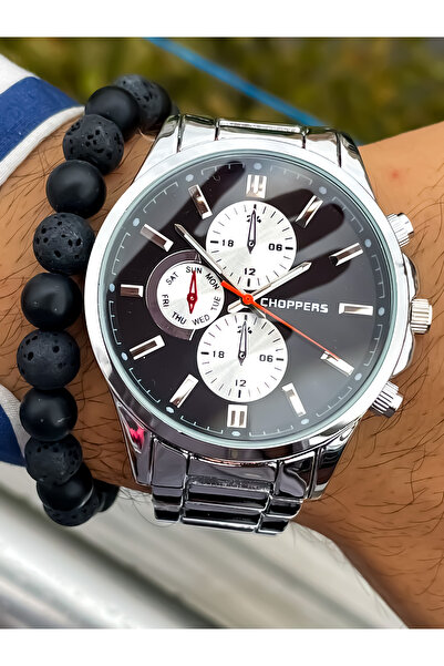 Choppers ساعة يد رجالية موديل رياضي للموسم الجديد لون فضي مع سوار هدية عيد الأب
